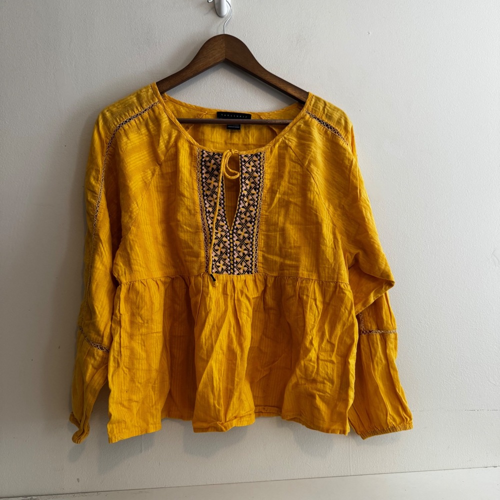 Women's XSP Yellow Embroidered Blouse Boho Peasant Indie Fall 100% Cotton